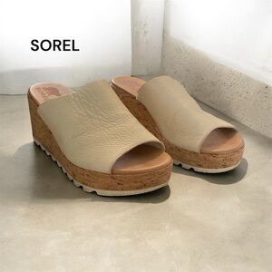 SOREL Women’s Cork Wedge Slide Sandals – Neutral Beige Leather SZ 8.5